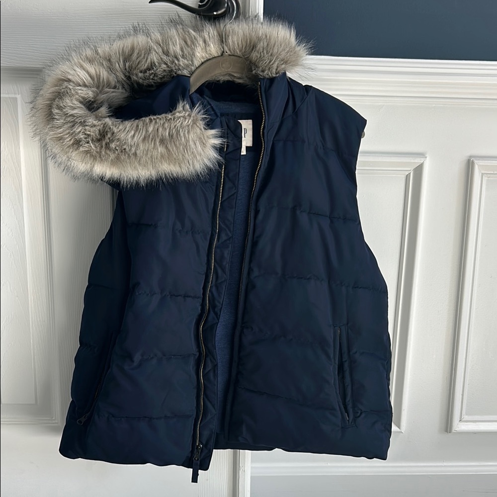 Navy Puffer Vest with Faux Fur Hood